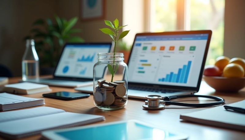 Jar of coins with growing plant on office desk, laptops displaying healthcare practice analytics in the background